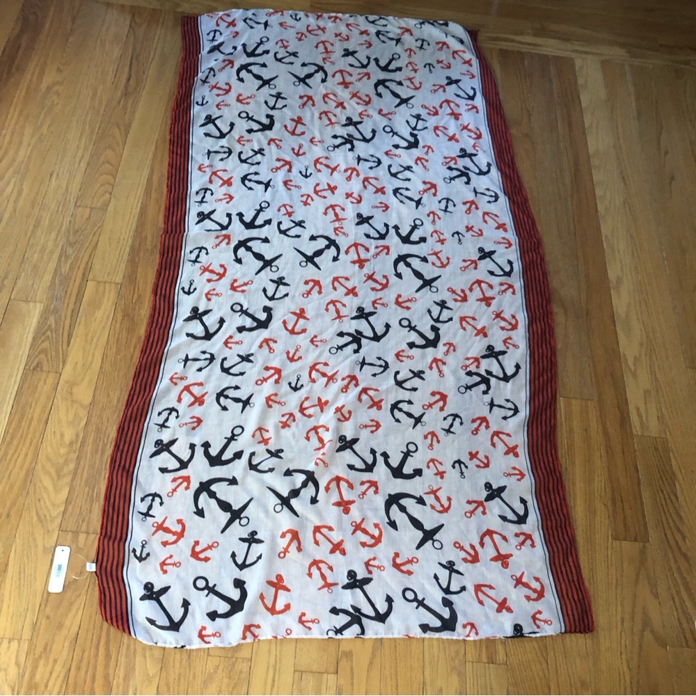 Nautical scarf with black and red anchors with black and red stripes on the edge - Picture 2 of 6